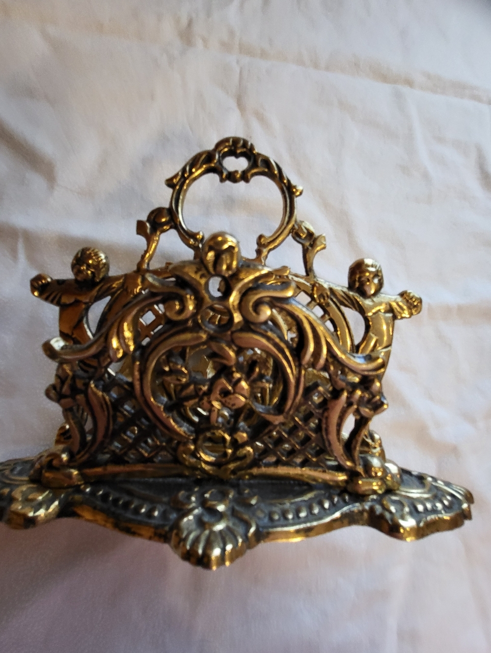 1960s Solid Brass Heavy 5.5 x 7 In. Napkin Or Mail Holder  With Cherub Angels